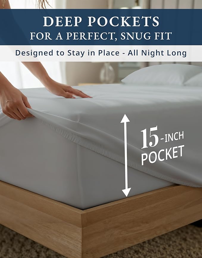 100% Egyptian Cotton Sheets Queen Size Set – 1000 Thread Count Silky Sateen Weave Sheets, 15" Secure Fit Deep Pocket Queen Sheet Set, Naturally Breathable, Hotel-Quality Luxury You Can Feel - Silver