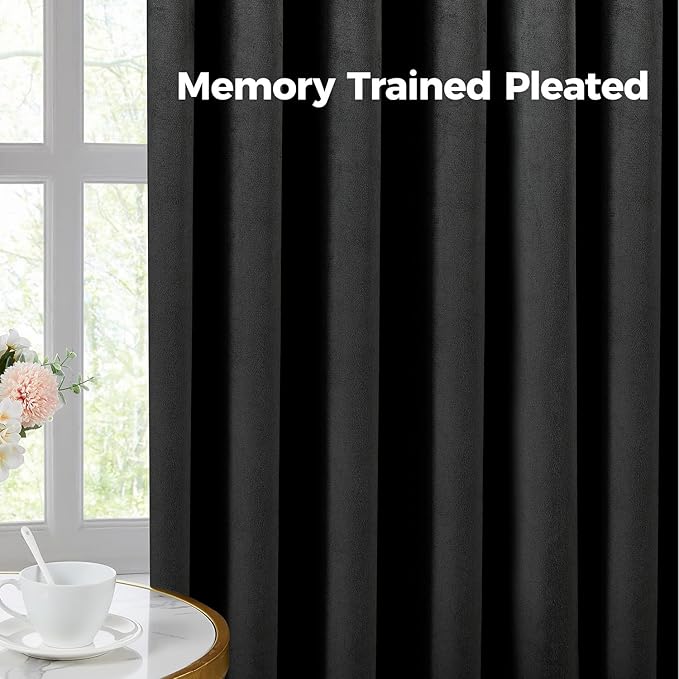 Pinch Pleated 100% Blackout Curtains for Bedroom, Black Velvet Curtains for Living Room, Black Out Curtain 96 inch Long Room Darkening, Blackout Pinch Pleat Drapes with Hooks 2 Panels