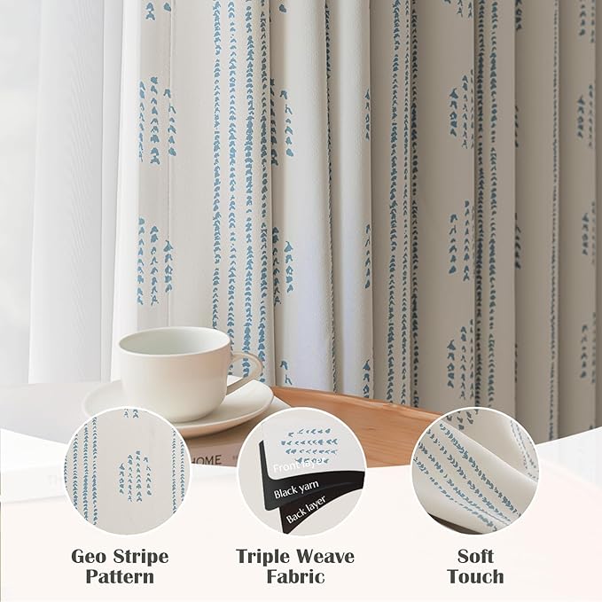 100% Boho Blackout Curtains 90 Inches Long for Bedroom, Blue on Beige Patterned Bohemian Curtains for Living Room, Geometric Striped Thermal Insulated Window Drapes Gromment Top 2 Panels
