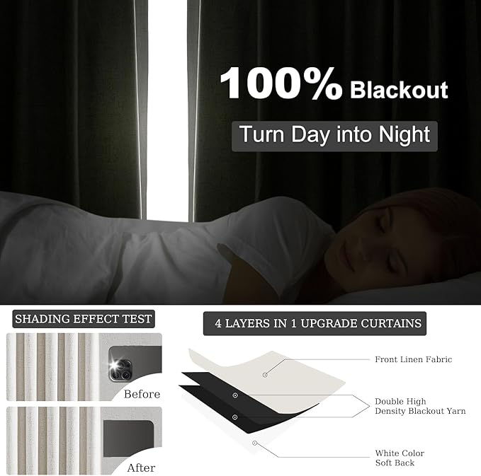 Topfinel 100% Blackout Linen Curtains 72 Inch Length,Pinch Pleated Oatmeal Back Tab Drapes with Hooks Room Darkening Heat Reducing Farmhouse Rustic Lined Draperies for Bedroom Baby Room 2 Panels Set