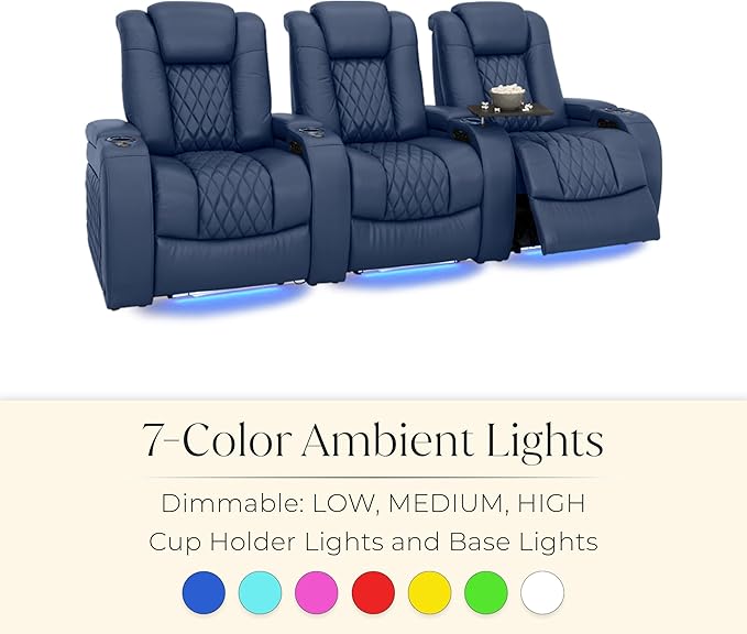 Seatcraft Diamante Zero-Gravity CoolZero Italian Leather Home Theater Seating, Power Headrest, Power Recline, Single Recliner, Navy Blue