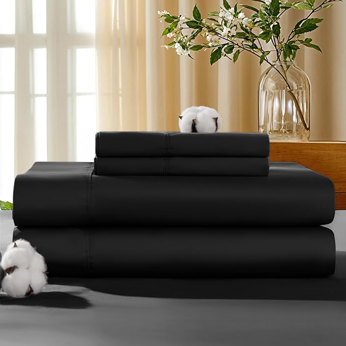 LBRO2M 100% Cotton Sheets Set Deep Pocket 19", 1000 Thread Count California King Size 4 Piece Bed Sheet Sets Soft Comfortable Bedding All Season (California King, Black)