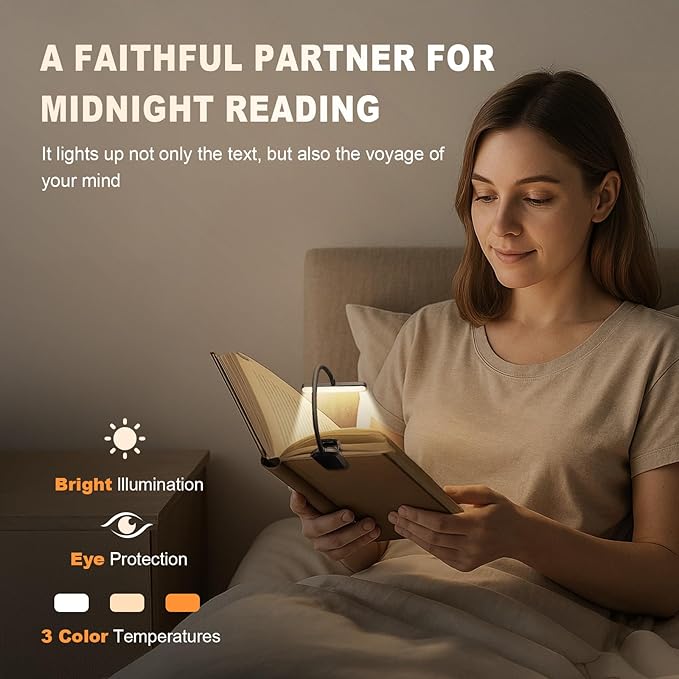 Rechargeable Book Lights for Reading at Night 25 LED - Eye Caring 15 Level Stepless Dimming, Extended 60Hrs Runtime, Lightweight Clip on Light, Gifts for Book Lovers, Black