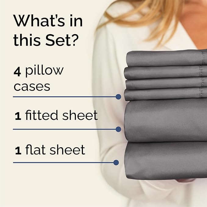 Cal King 6 Piece Sheet Set - Cooling, Comfy & Breathable - Hotel Luxury Bedding, Includes Fitted Sheet for Women, Men, Kids & Teens - 1 Flat, 1 Fitted Sheet, 4 Pillowcases w/Deep Pockets - Dark Grey