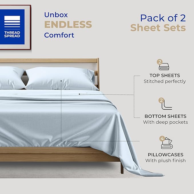 THREAD SPREAD 2-Pack King Size Sheets Set - 400 Thread Count 100% Cotton Sateen Weave - Extra Soft, Breathable, Hotel Quality Cooling Sheets, 2 Sets of King Size Deep Pocket Bed Sheets (Light Blue)