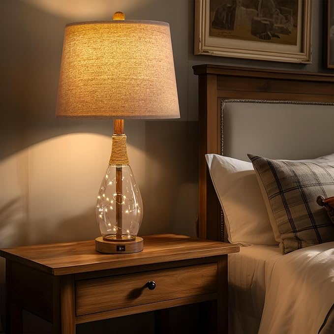 OYEARS Bedside Table Lamps Set of 2 with USB, Modern Bedside Lamps Retro Farmhouse Rattan Glass Nightstand Nightlight Lamps for Bedroom Living Room Dorm,Two Light Points