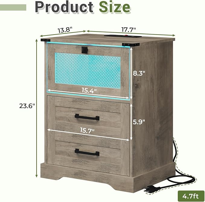 Hasuit Farmhouse Night Stand Set of 2 with LED Lights and Charging Station, Rustic Oak Nightstand with 2 Drawers, and Cubby with Wire Mesh Door, Bedside End Table for Bedroom