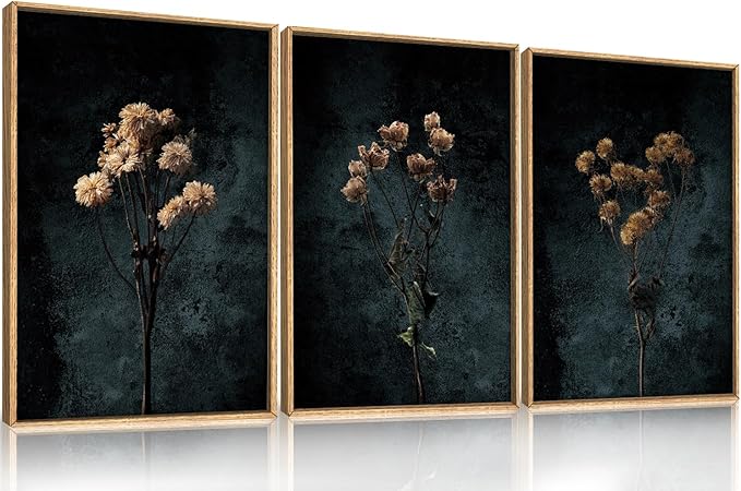 LHIUEM Dark Moody Wildflowers Framed Canvas Wall Art Set,Minimalist Wildflower Wall Decor,Vintage Black Flower Botanical Painting, Aesthetic Floral Artwork for Living Room,Bedroom,Office-16''x24''x3