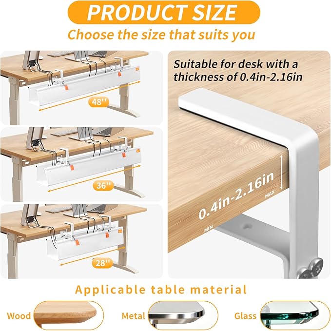 No Drill Under Desk Cable Management Tray, 36" Cord Organizer with Clamp, Fabric Cable Management for Standing Desks, Ideal for Home & Office - White