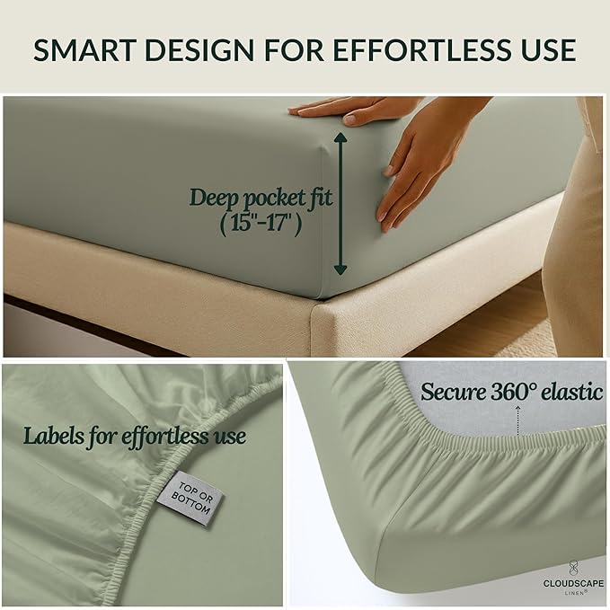 Cloud Scape Linen 100% Egyptian Cotton Sheets for Queen Size Bed, 400 Thread Count, 4 Pieces Bedding Set, Hotel Quality, Silky Soft, Deep Pockets up to 17”, Mineral