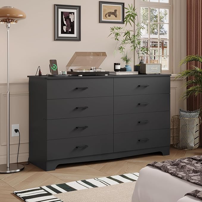 Hasuit 8 Drawer Dresser for Bedroom, Large Chest of Drawers with Charging Station, 55.1'' Wide Storage Clothes Closet Organizer, Long Dresser TV Stand for Living Room, Black