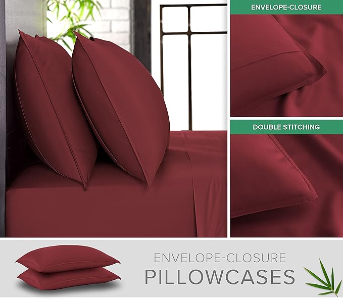 Pure Bamboo Split King Sheets, Genuine 100% Organic Viscose Derived from Bamboo Bed Sheet Set, Soft & Cooling, Double Stitching, 2 Fitted Sheets (Split King, Merlot)