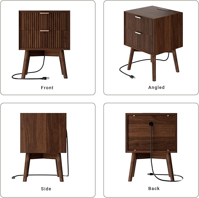 Fluted Nightstand, Beveled Edges Night Stand, 2 Drawer Nightstand with Charging Station, Wooden End Table with Solid Wood Legs, Modern Bedside Table for Bedroom Sofa Home Office, Walnut
