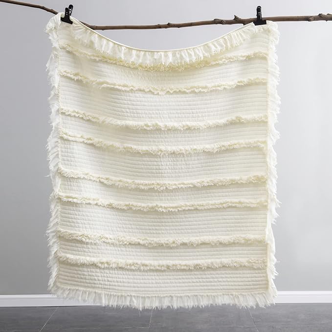 Pre-Washed Ultra Soft Quilted Cream King Size Blankets for Bed, Ruffle Fringed Chic Boho Decorative Throw, Stone Washed Blanket for Sofa Couch Bed 104"x90"