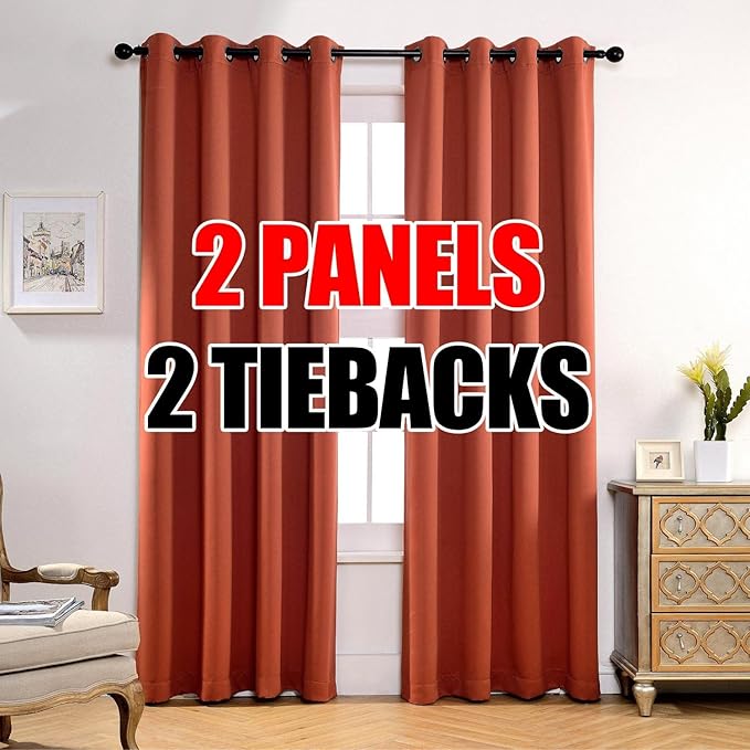 MIUCO 1 Pair Thermal Insulated Grommet 52-Inch-by-95-Inch Blackout Window Curtain Panels with 2 Tie Backs, Rust