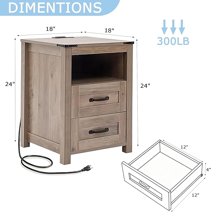 Puntogen Sierra Night Stand, Rustic End Table with Charging Station, Farmhouse Tall Nightstand for Bedroom, Drawer Dresser Bedside Table with Open Storage Shelf