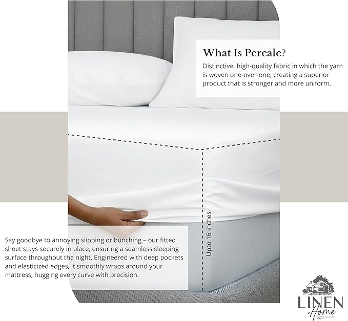 Linen Home 100% Cotton Percale Sheet Set, King Size, Snow White, Deep Pocket, 6 Pieces Set - 1 Flat, 1 Deep Pocket Fitted Sheet and 4 Pillowcases, Crisp Cool and Strong Bed Linen