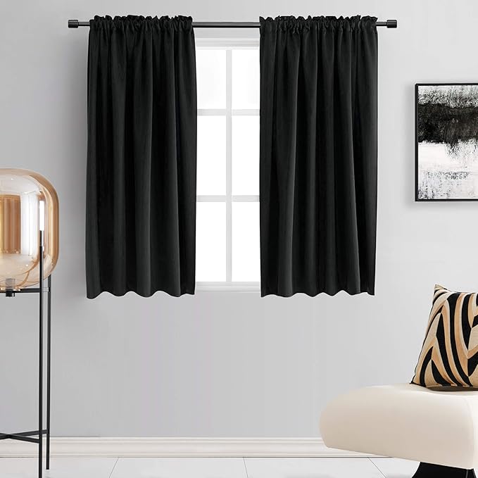 DONREN 48 Inch Length Short Curtains for Kitchen - Small Window Treatment Rod Pocket Blackout Curtain Drapes (1 Pair,Black,52 Inches Wide by 48 Inches Long)