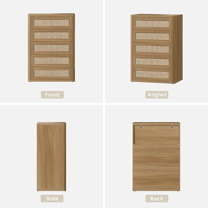 SICOTAS Tall Dresser for Bedroom - Rattan 5 Drawer Dressers Chest of Drawers with Push-to-Open Design, Modern Extra Deep Clothes Dresser with Large Storage for Closet, Living Room, Amber Oak, 3PCS