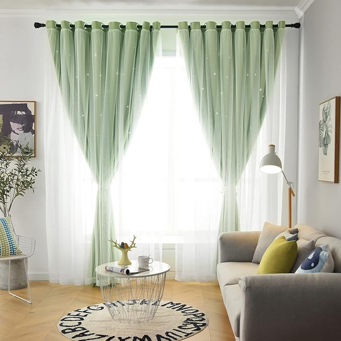 Stars Double Layer Blackout Curtains for Bedroom Kids, Cute, 108 Inches Long, 2 Panels Set, Green