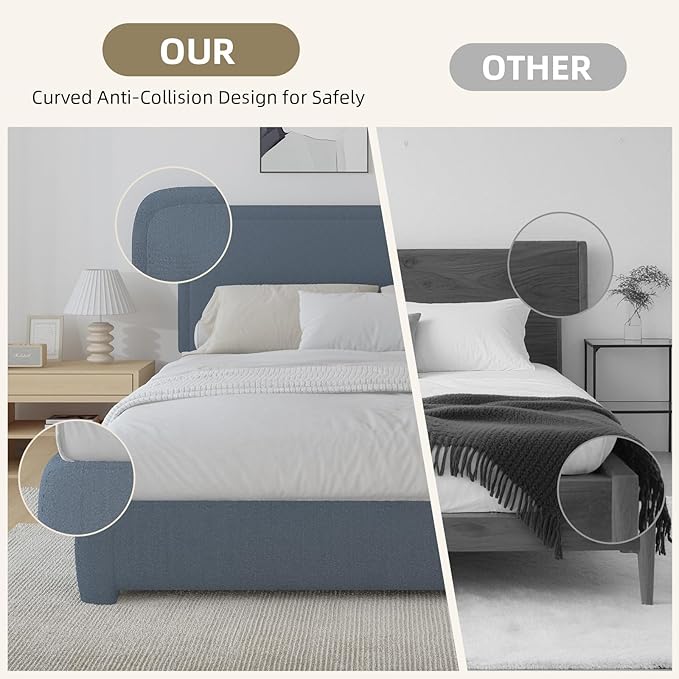 BarnFurin Queen Bed Frame with Headboard, Boucle Upholstered Platform Bed Frame, Luxurious Soft Rounded Corners, No Box Spring Required, Easy Assembly, Blue