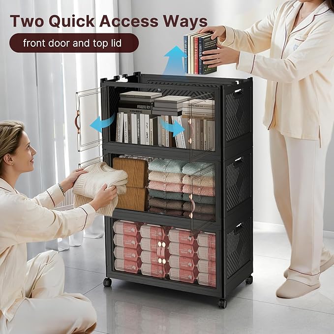 720Qt Stackable Storage Bins with Lids, 6 Pack Large Collapsible Bins with Wheels, Plastic Cabinet with Doors, Foldable Closet Organizers and Storage for Home, Dorm, Office, Black