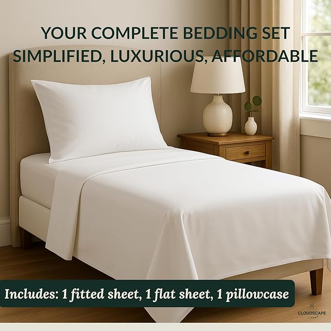 Cloud Scape Linen 100% Egyptian Cotton Sheets Twin XL Size, 3 Pieces Luxury Bedding Set, 400 Thread Count,Hotel Quality, Silky Soft, Breathable and Durable, Deep Pockets up to 15, White