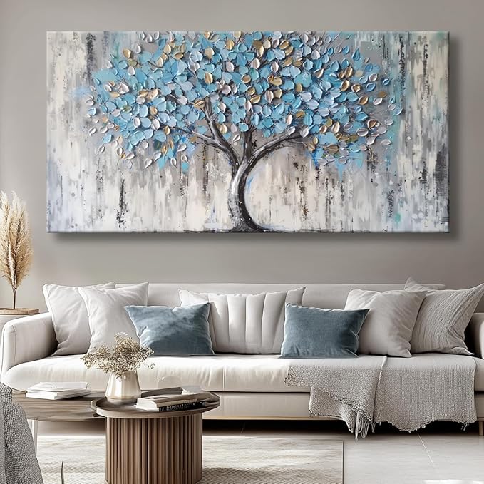 Blue Tree Canvas Wall Art - Modern Botanical Paintings for Living Room, Bedroom Wall Decor, Framed Wall Art for Home or Office Decoration, Large Wall Art 60x120cm(24x48in)