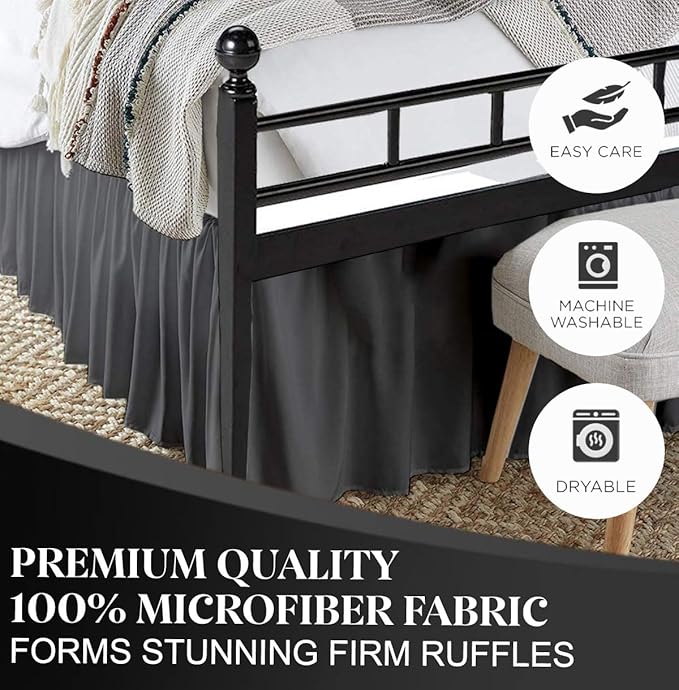 Ruffled Bed Skirt with Split Corners, Dark Grey, Queen 18 Inch Drop Bedskirt, Hotel Quality Brushed Microfiber Wrinkle Free Dust Ruffle Bed Skirt Queen Size