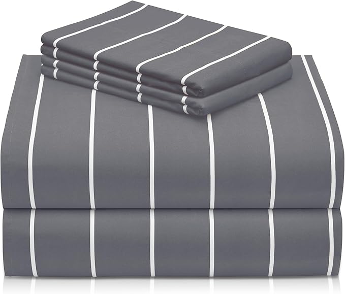 LuxClub 4 PC Queen Sheet Set, Deep Pockets Wrinkle Free Cooling Bed Sheets Hotel Bedding for Women, Men, Includes 1 Fitted Sheet, 1 Flat Sheet and 2 Pillowcases-Striped - Light Grey