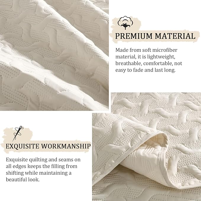 Yiran Beige Quilt Set Queen Size Lightweight Bedspread Ultrasonic Wave Pattern Soft Microfiber Coverlet for All Season Modern Style 3 Piece Bed Cover Sets with 2 Pillow Shams (96"x90")