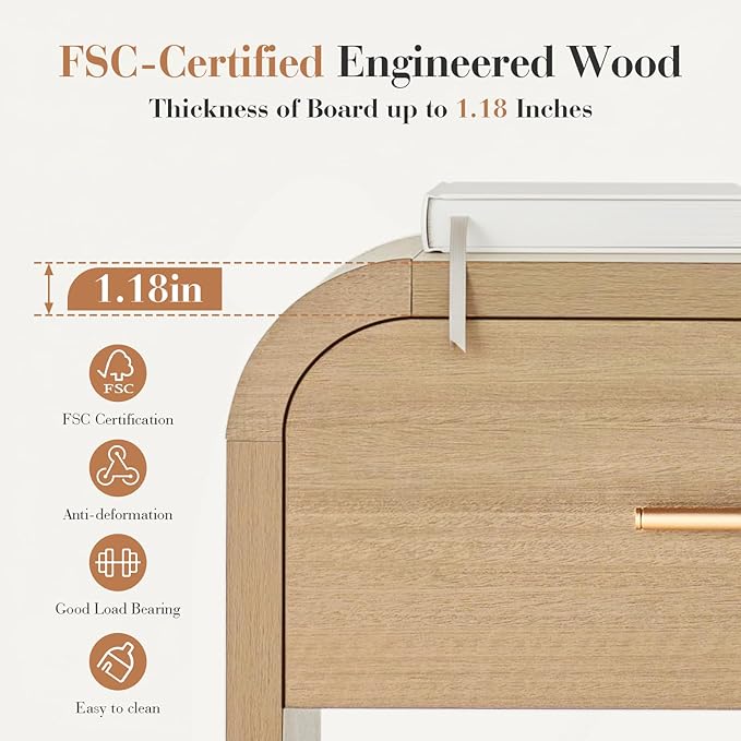 Night Stand Set of 2 [Unique Curved Profile] [FSC-Certified Wooden Board] 1-Drawer and 1 Storage Shelf Nightstand 24" H Metal Handle Modern Bedside Table Side Table End Table for Bedroom