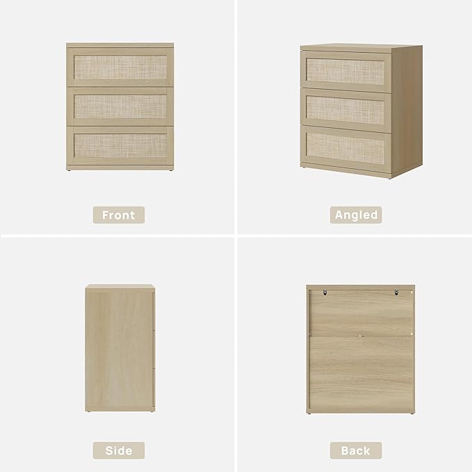 SICOTAS Dresser for Bedroom - 31" Tall Rattan Dresser with 3 Drawers Boho Dressers & Chests of Drawers Dressers for Bedroom Deep Bedside Table Clothes Closet Storage for Closet Hallway Entryway