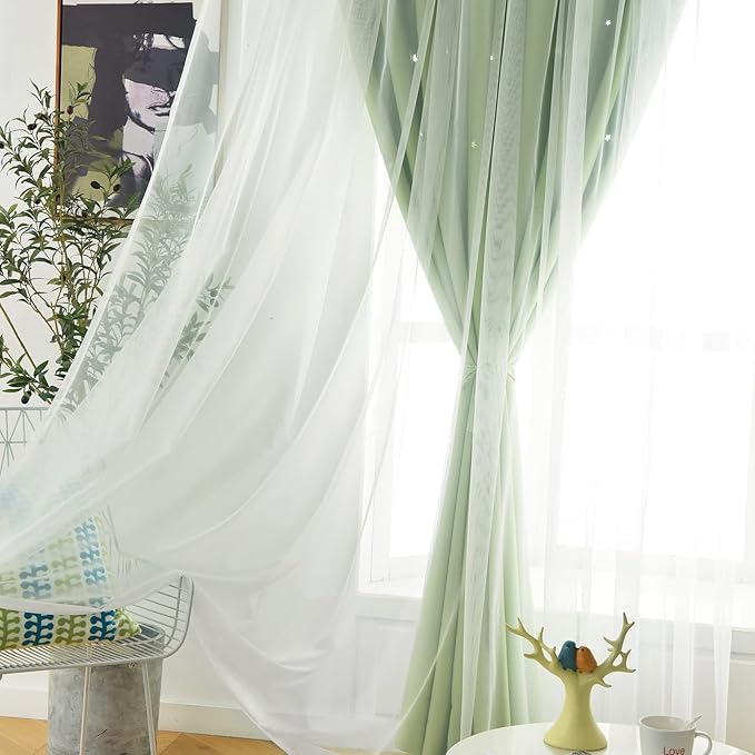 Stars Double Layer Blackout Curtains for Bedroom Kids, Cute, 108 Inches Long, 2 Panels Set, Green