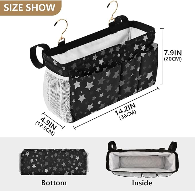 Bedside Caddy Hanging Bunk Bed Caddy Bed Organizer Hanging Pocket with 2 Hooks Bedside Storage Organizer Pocket Bag Holder Silver Stars Black