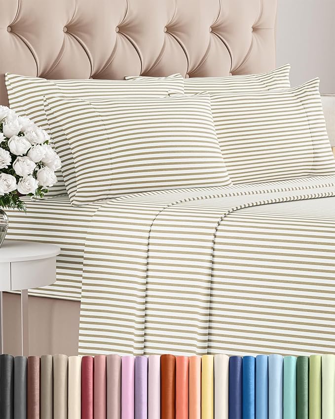 King 6 Piece Sheet Set - Cooling, Comfy & Breathable - Hotel Luxury Bedding, Includes Fitted Sheet for Women, Men, Kids & Teens - 1 Flat, 1 Fitted Sheet, 4 Pillowcases w/Deep Pockets - Beige Stripes