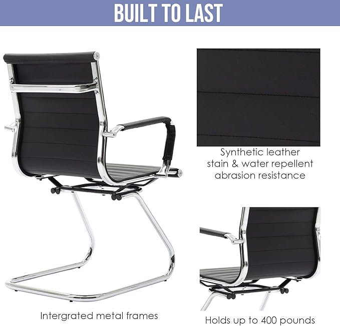 Wahson Office Guest Chairs Set of 6, Leather Reception Chairs, Mid Back Waiting Room Chair, Conference Chairs with Sled Base, Desk Chair No Wheels for Meeting/Lobby/Restroom, Black