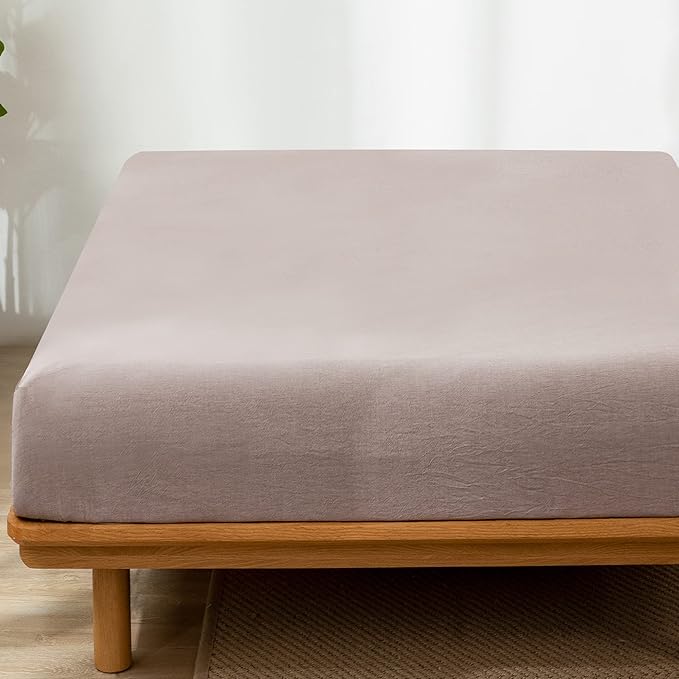 MooMee Fitted Bottom Sheet Only 100% Washed Cotton Linen Like Textured Breathable Durable Soft Comfy Deep Pocket Fits Mattress up to 17" (Mauve Brown, California King)