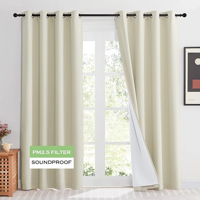 KGORGE 4-in-1 Soundproof Anti Dust 100% Blackout Curtains with Melt-Blown Layer Thermal Insulating Window Treatment Drapes for Living Room Bedroom Kis Nursery, W 52 x L 84, Cream Beige, 2 Panels