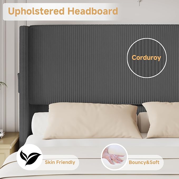 Queen Size Bed Frame with Headboard, Upholstered Platform Bed with Tall Wingback Headboard & Footboard, Corduroy Bed Frames with USB Ports, Easy Assembly, Gray