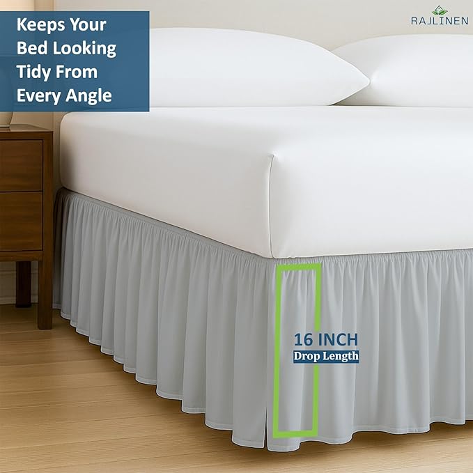 Rajlinen Ruffled Bed Skirt Queen, 16 Inch Drop Dust Ruffle with Split Corners, 100% Microfiber Bedskirt with Platform, Three-Sided Coverage Ruffled Gathering Design, Light Grey