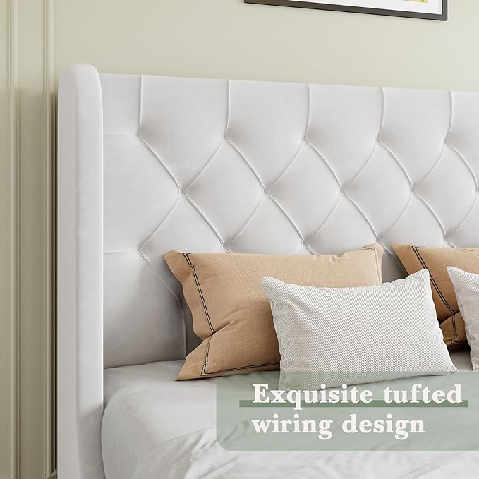 HOMBCK White Queen Bed Frame, Velvet Upholstered Platform Bed Frame with Headboard, Curved Wingback Design, Wooden Slats, No Box Spring, Noise Free, Easy Assembly