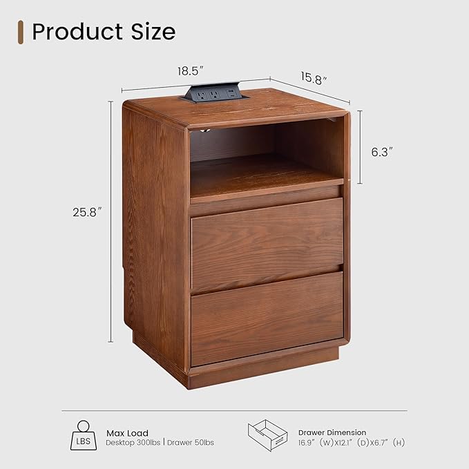 Solid Wood Nightstand Set of 2, Natural Wood Night Stand with Charging Station, Mid Century Modern Nightstand with 2 Drawers and Storage Shelf, Bedside Table for Bedroom, Office, Brown