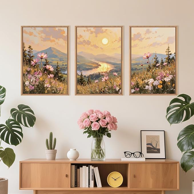 LHIUEM Large Boho Sunset Wildflower Framed Canvas Wall Art,Nature Pink Flower Wall Decor,Blossom Botanical Mountain Landscape Artwork for Living Room,Bedroom,Dining Room,Office -16"x24"x3