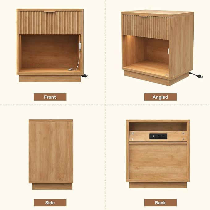 Miereirl Fluted Nightstands Set of 2 with Charging Station, LED Nightstand with Rounded Edge, 22" W Farmhouse Nightstand for Bedroom, Natural Oak