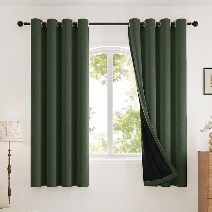100% Blackout Curtains Thick Soft Curtain 2 Panels Green for Bedroom, Linen-Look Textured Full Light Blocking Room Darkening Thermal Insulated Drapes for Windows (W52xL45, Olive)