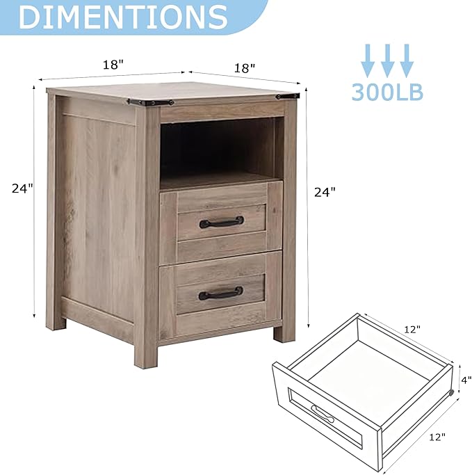 Sierra Rustic Night Stand, Farmhouse End Table, Modern Bedside Table with 2 Storage Drawers and Open Shelf, Tall Nightstand for Bedroom
