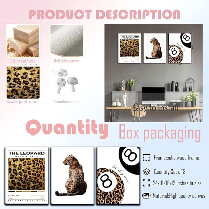 Trendy Leopard Framed Set of 3 Canvas Poster Prints,Picture Modern Artwork Wall Art for Home Décor,Perfect for Adds Wilderness & Elegance to Living Room,Bedroom or Any Interior Space,16Lx12W