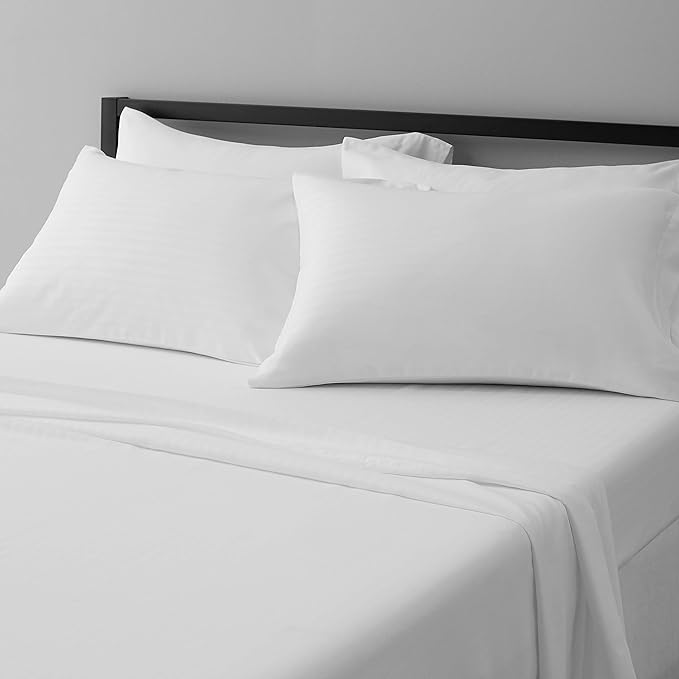 Amazon Basics Soft, Comfortable Queen Size Bed Sheets, Deluxe Microfiber, 4-Piece, Bright White Striped