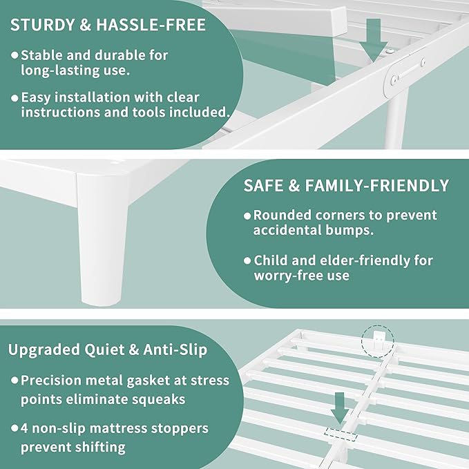 ITIMIDI 6 Inch White Queen Bed Frame with Metal Gaskets,Metal White Queen Platform Bed Frames, No Box Spring Needed, Heavy Duty Steel Support 3000 LBS, Anti-Slip Mattress Stopper, Easy Assembly